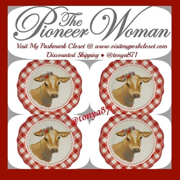 🦋 New Pioneer Woman Cow Red Gingham Salad Plates, Set of 4 - Picture 1 of 5